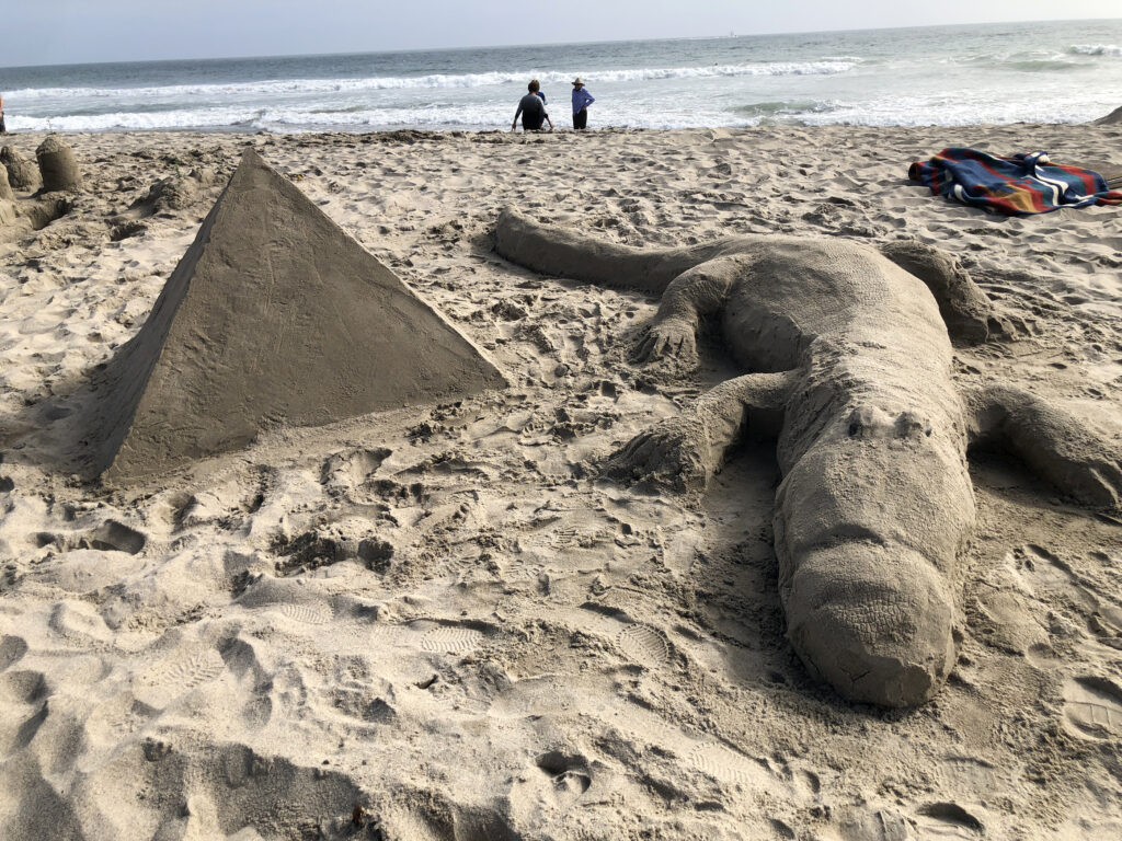 Sand pyramid and alligator at Port Hueneme Beach